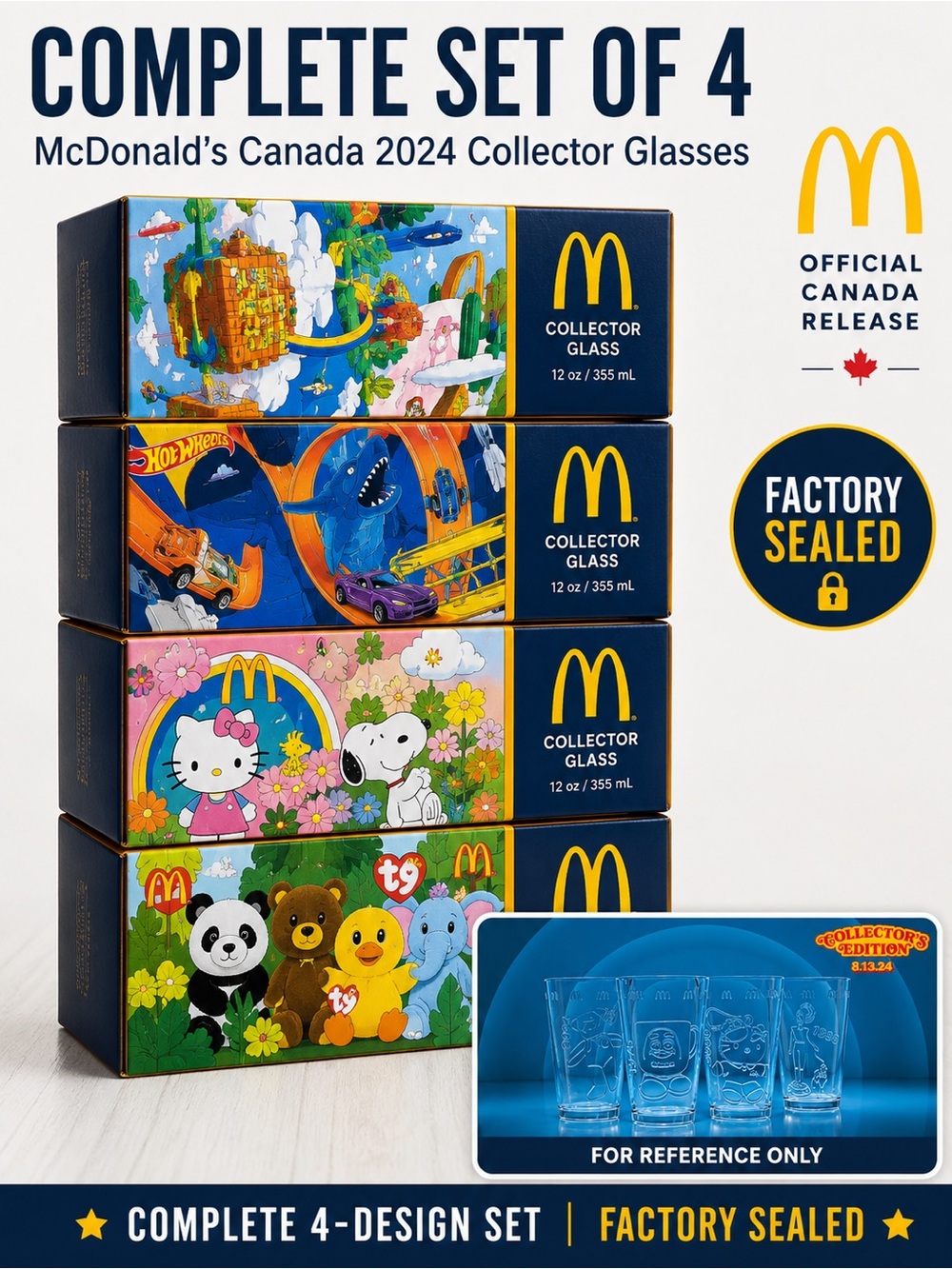 McDonald’s Canada 2024 Collector Glasses Set of 4 Sealed NEW Unopened